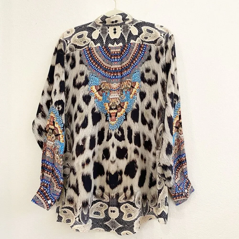 Moda Baronessa Button Up Blouse Multicolor Animal Print 100% Silk Small Tunic - Picture 10 of 10